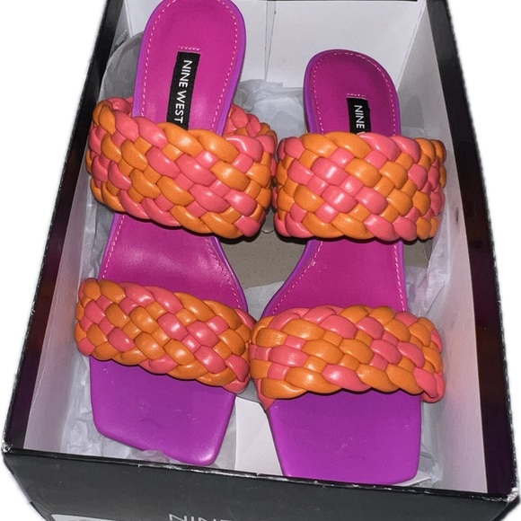 Nine West Multi-color Sandal. Sz 8 New with Box. Hot pink, orange and yellow. - Picture 2 of 6